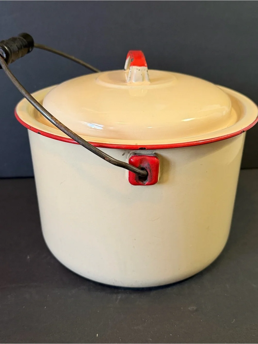 Vintage Tan & Red Trim Porcelain Enamel Cookware Pot Farmhouse Rustic Lid Chippy